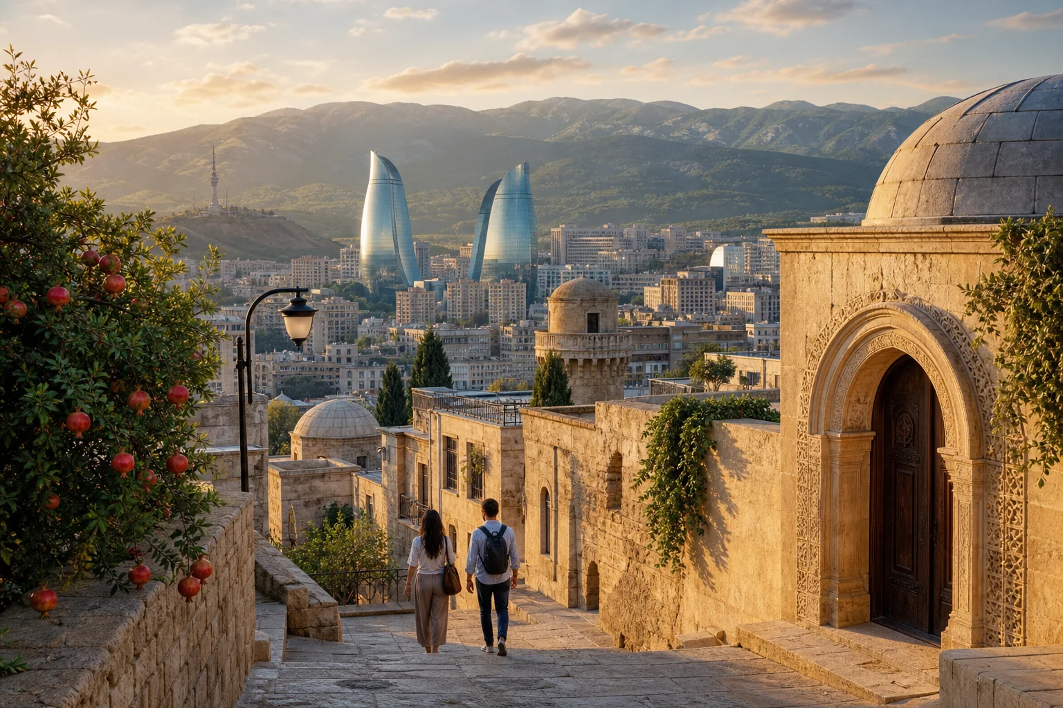 Baku old city and the Flame Towers at golden hour