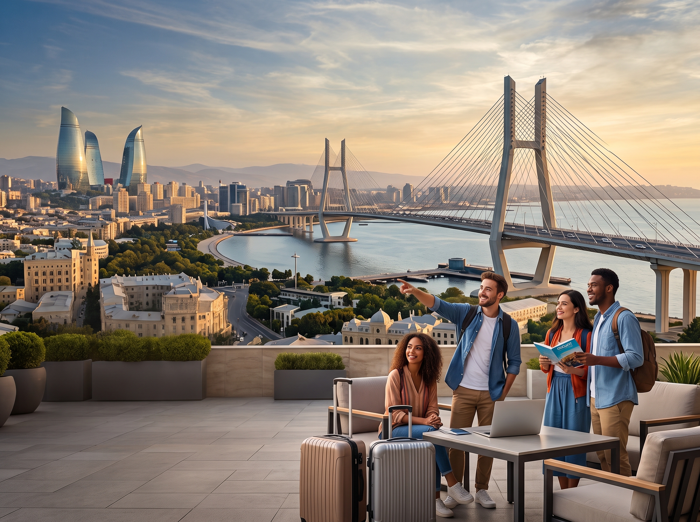 Baku skyline and travelers
