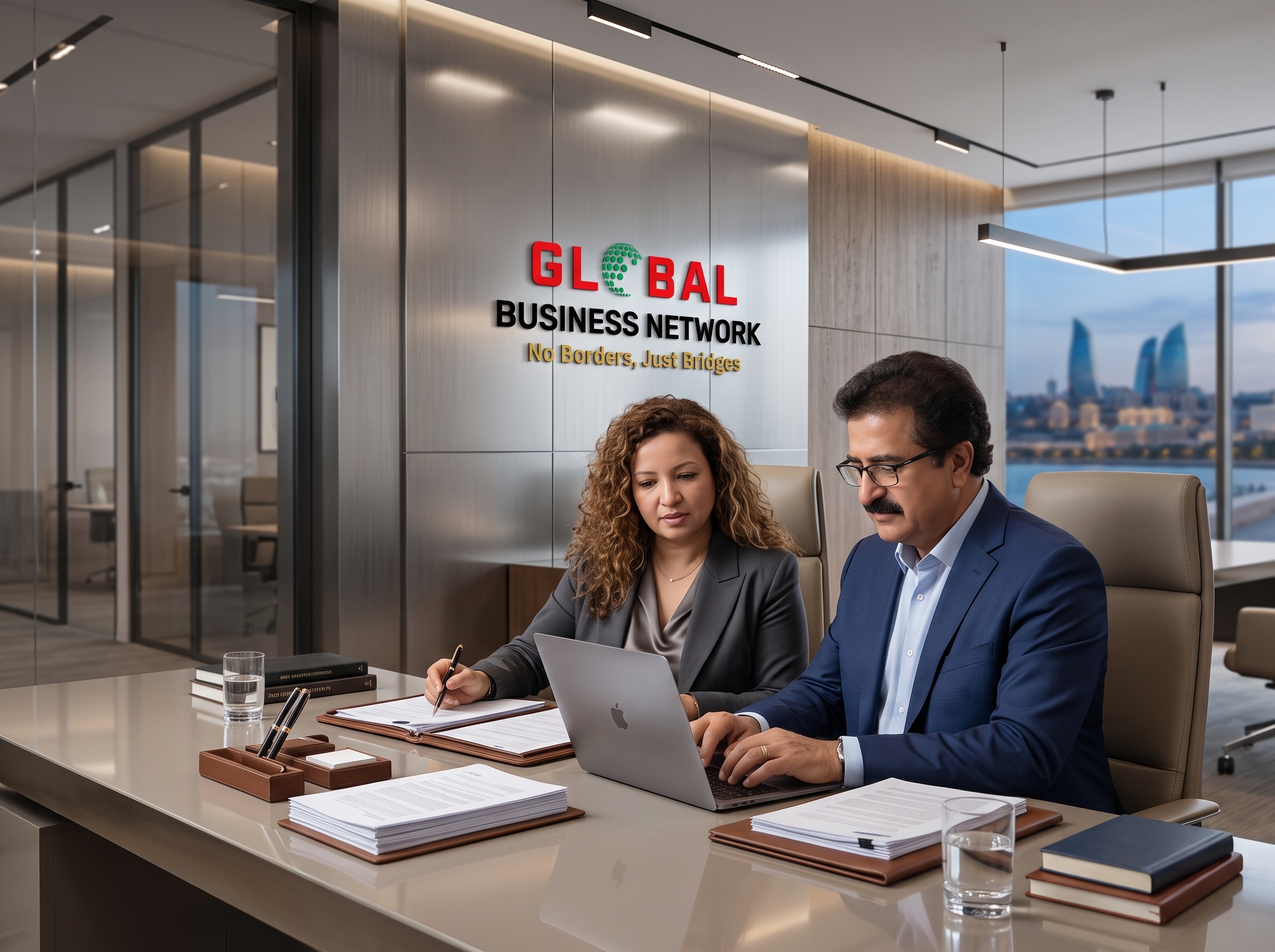 Global Business Network team consulting in a modern office